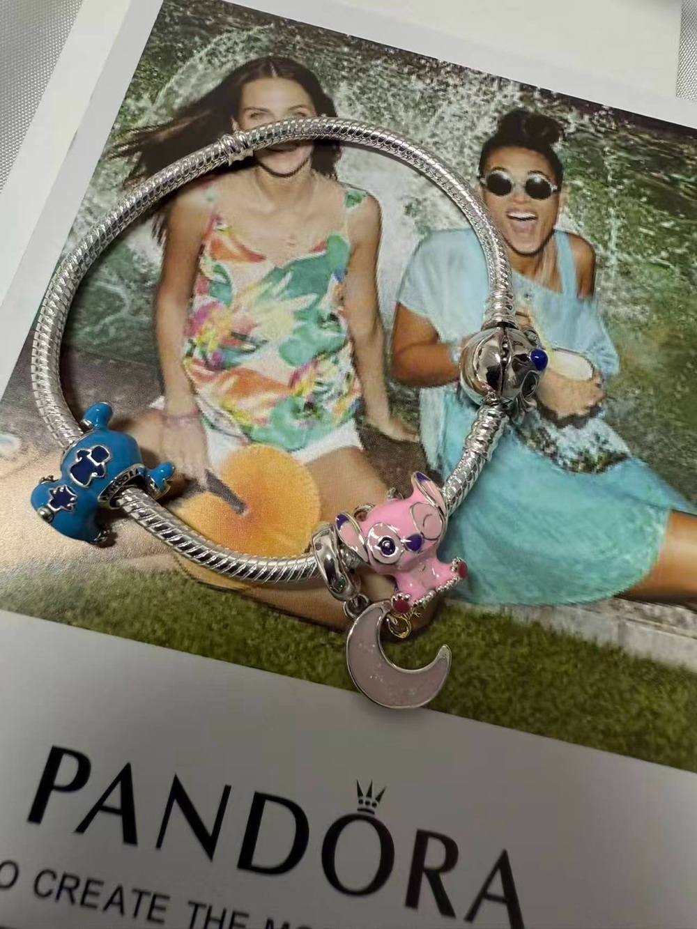 Pandora Silver Bracelet with Pink and Blue Enamel Charms